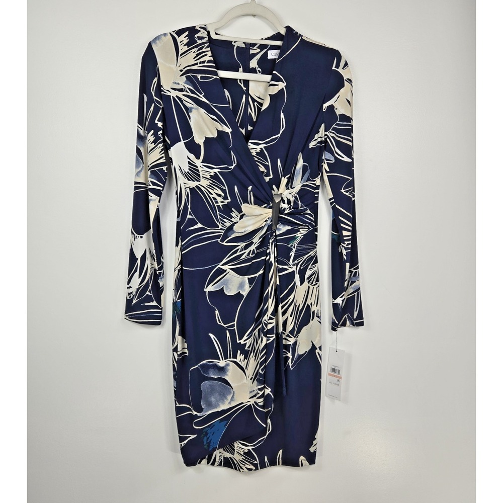 Calvin Klein Women's Size 6 Navy Blue Floral Long Sleeve Faux Wrap Dress‎ NWT